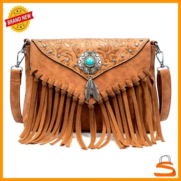 Handbags - Faux Leather Crossbody Bag with Fringe Tassel Adjustable Strap Wristlet